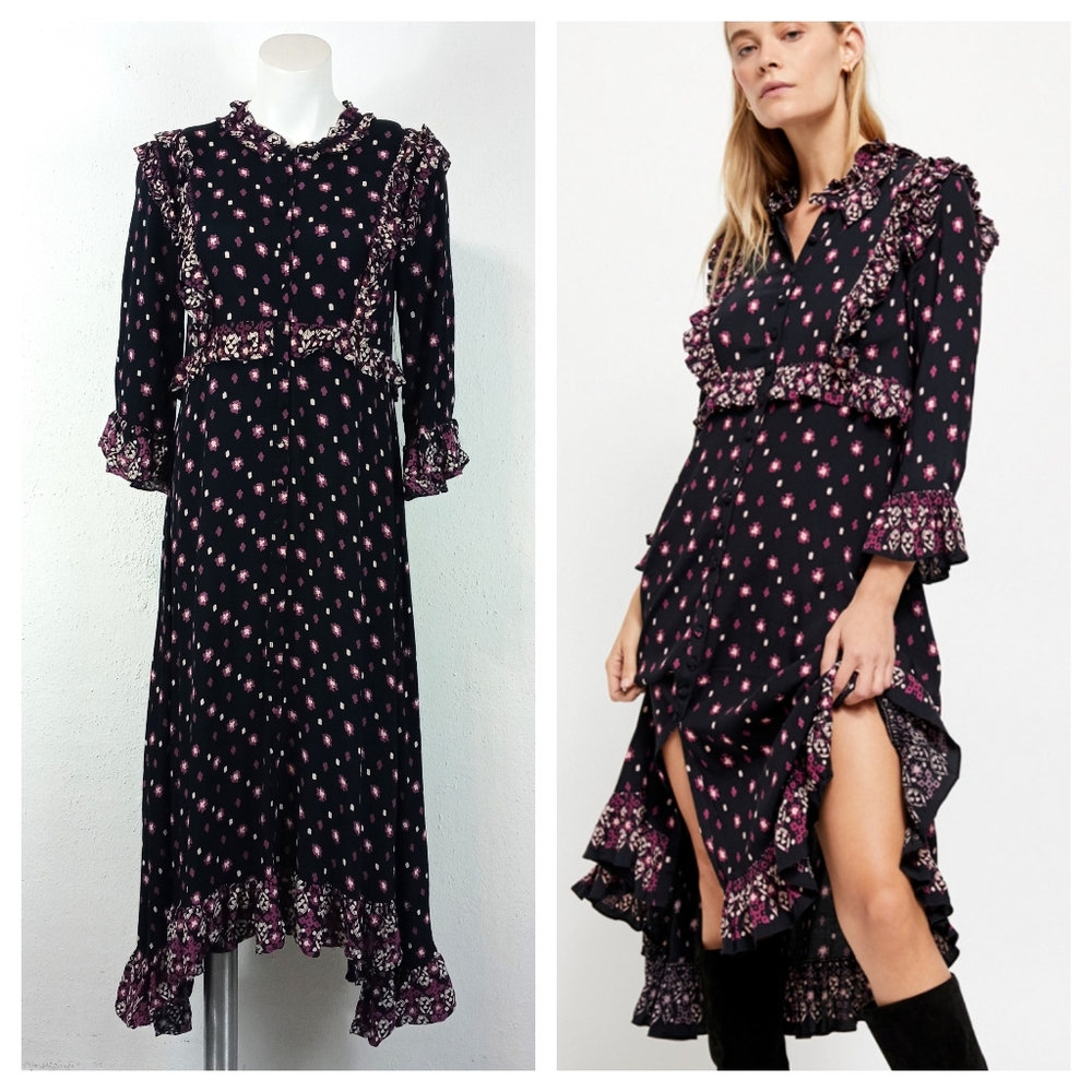 Free People Calico Skies Midi Prairie Dress Black and Purple Floral Size Small